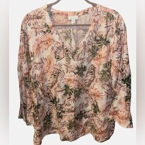 J.Jill Love Linen Tunic Blouse Women’s Size L Palm Leaves Boxy Lagenlook Beachy